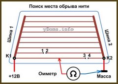 Схема поиска обрыва нити омметром